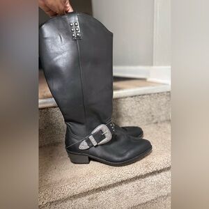 Black Leather Knee-High Boots with Silver Buckle